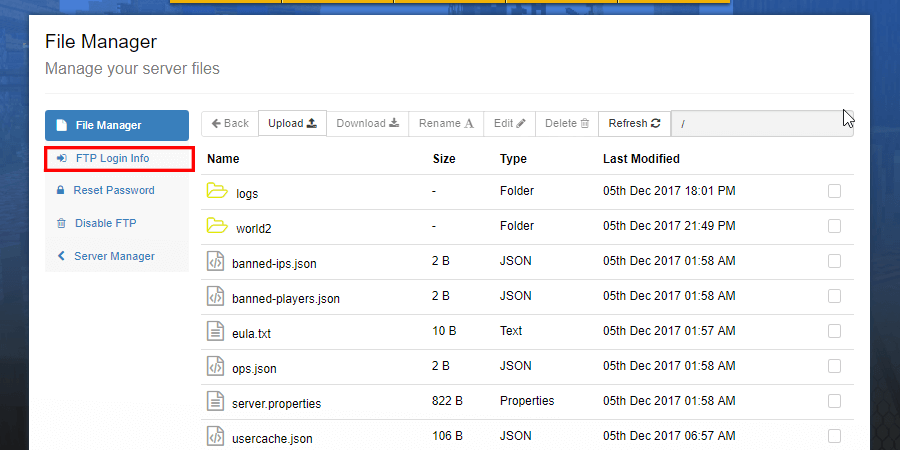 The SMpicnic File Manager showing the FTP Login Info location