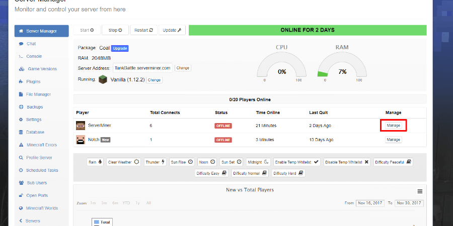 SMpicnic server manager showing manage location