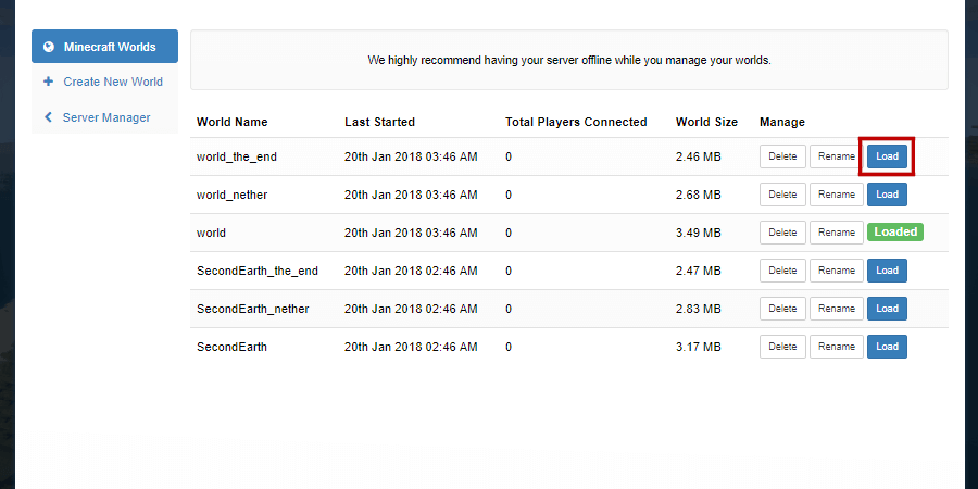 Load option from the SMpicnic Minecraft Worlds Tab.