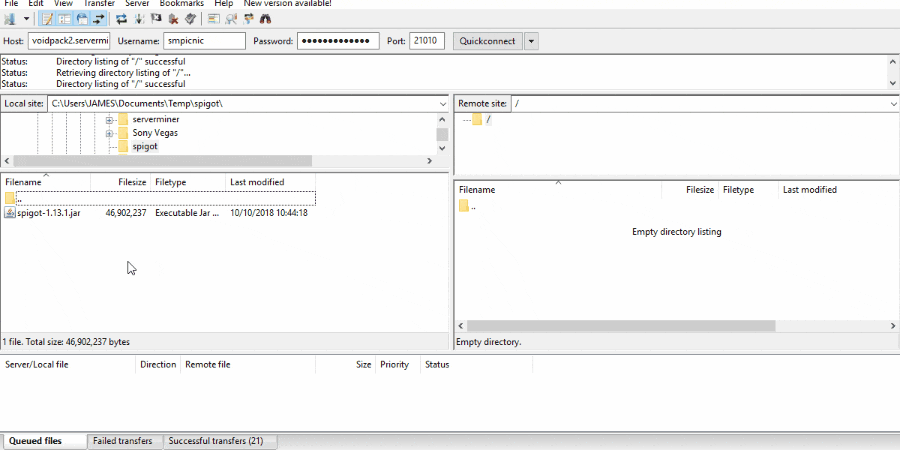 Drag and drop Spigot to FileZilla