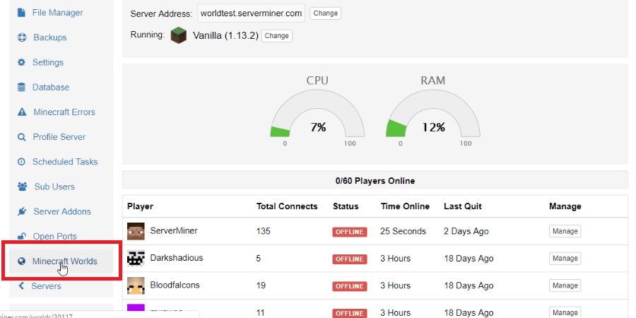 Navigate to the ServerMiner manager page and click the Minecraft Worlds tab