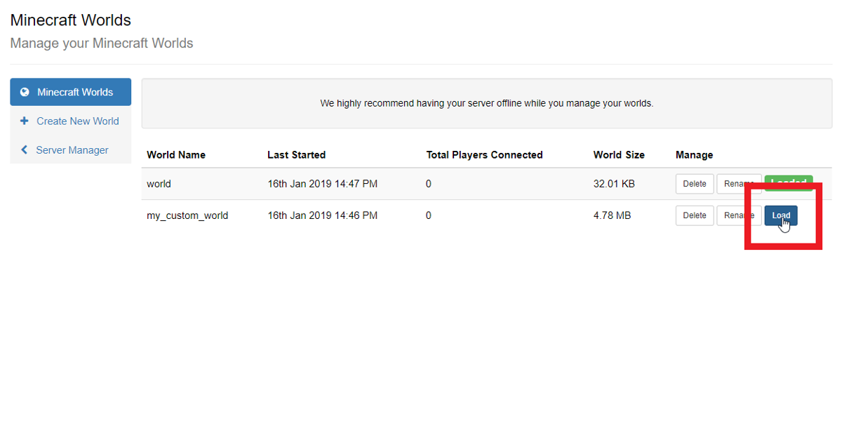 Click load next to the uploaded world