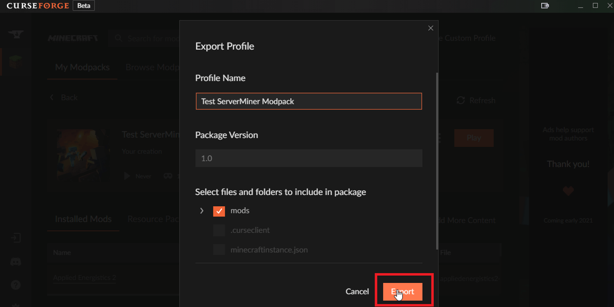 Export modpack on CurseForge