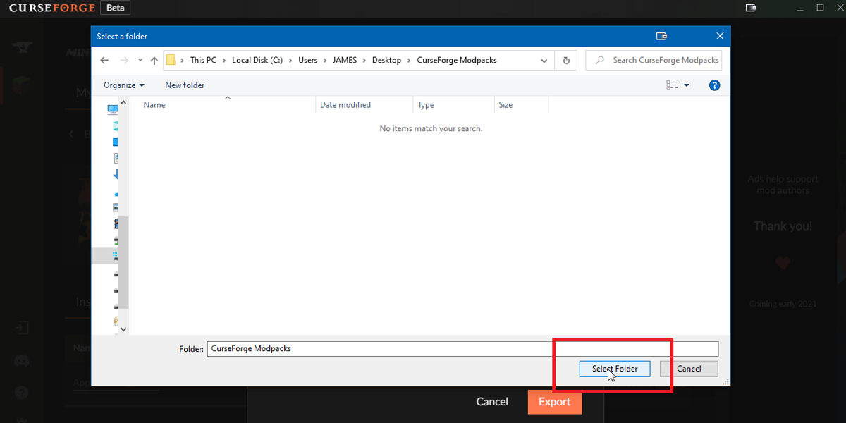 Select a location to save the exported modpack
