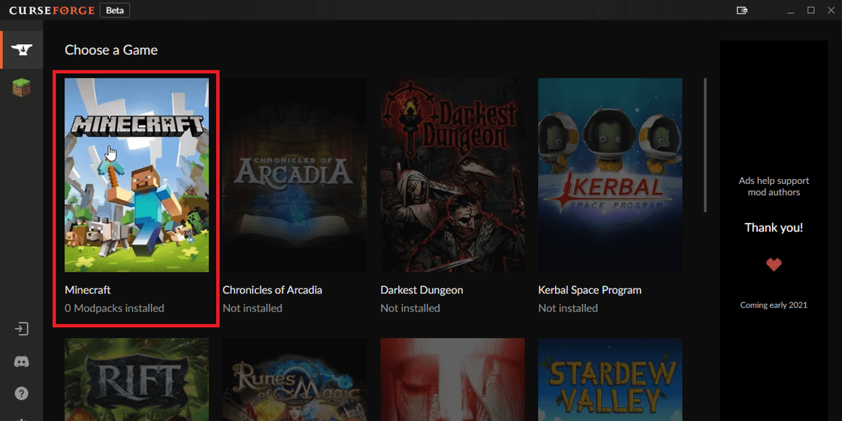 Click Minecraft tile on Overwolf CurseForge app