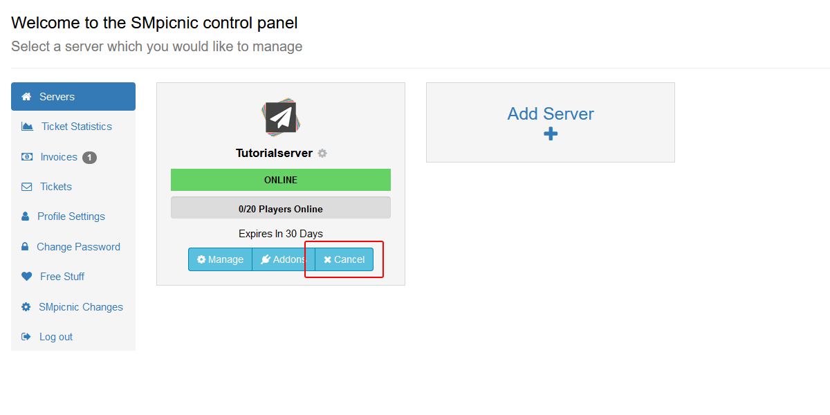 Head over to the servers list and select the server you wish to cancel