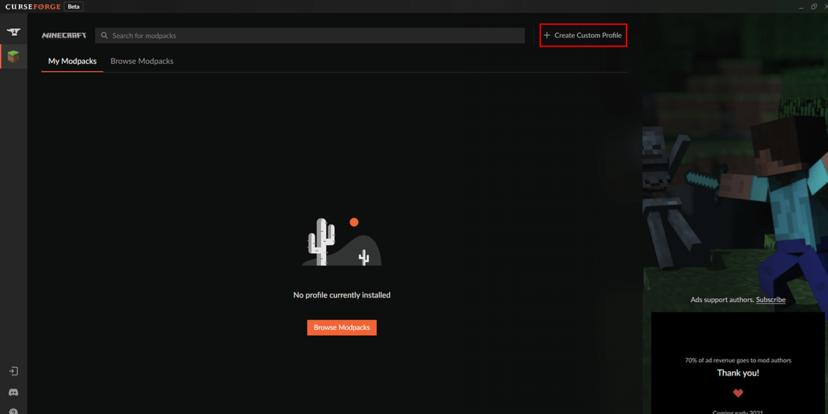 On CurseForge click Create Custom Profile