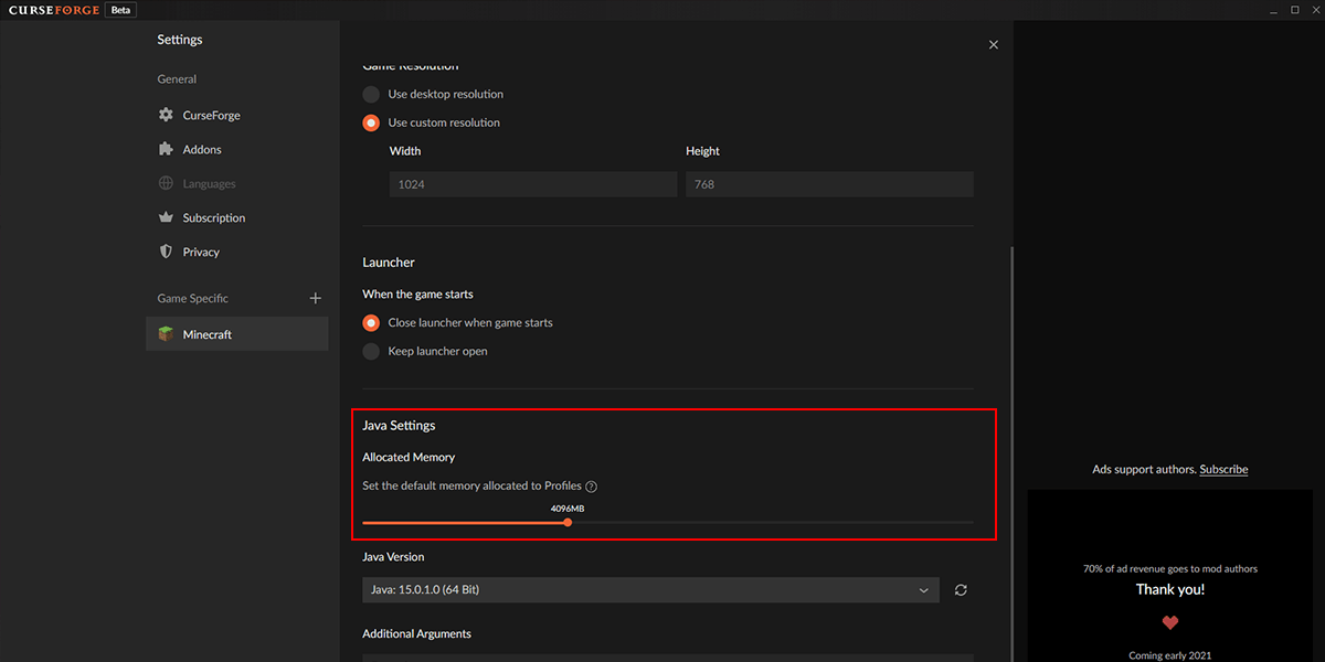 Scroll down to Java Settings and Set the Slider to how much RAM-you want