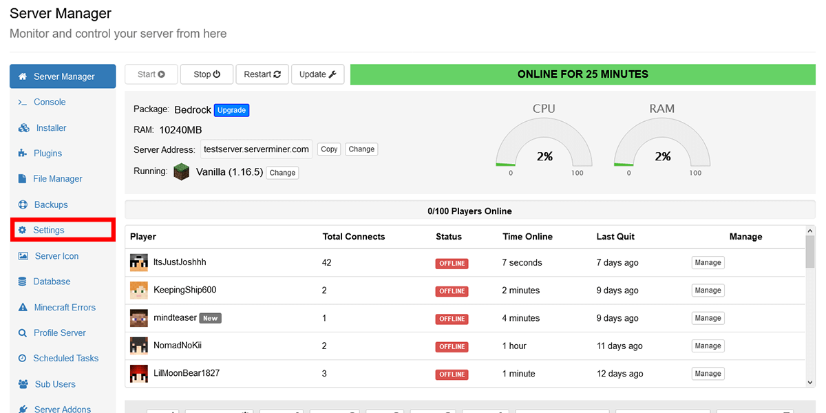 Select Settings on your server manager