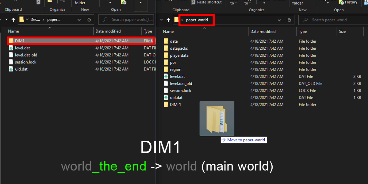 Take the DIM1 folder from the end and put it in the main-world