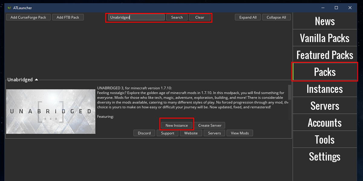 Search for the modpack you installed