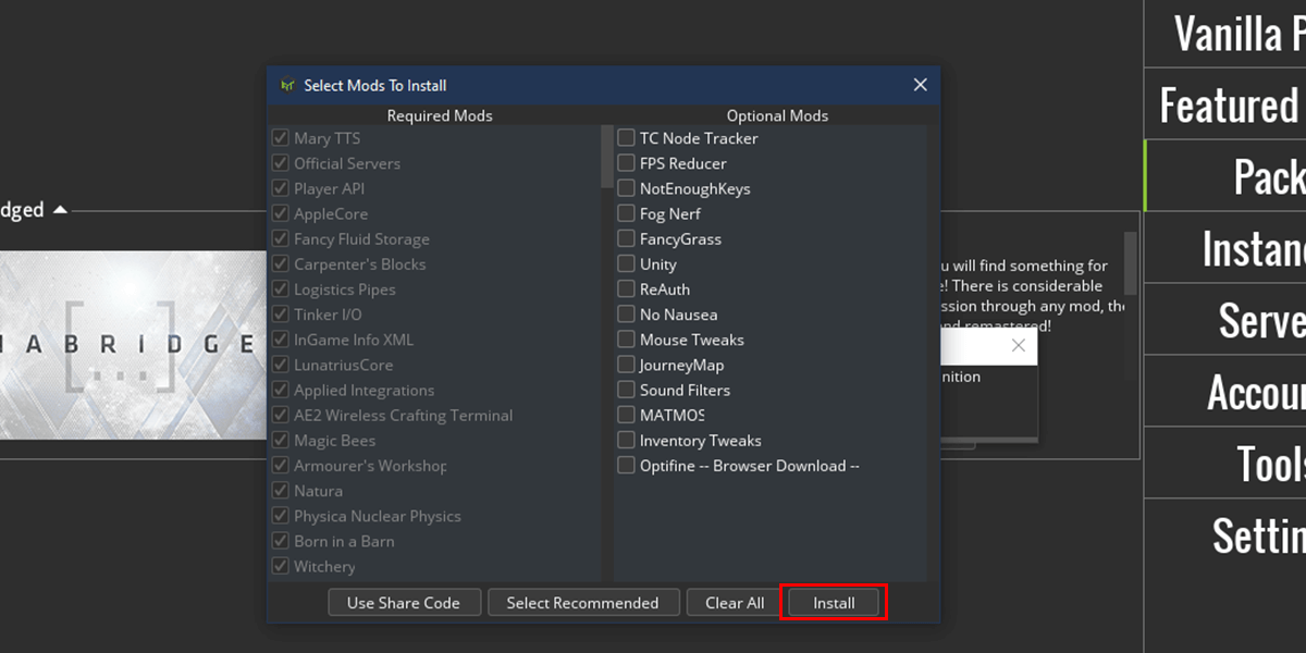 Select the addon mods if necessary