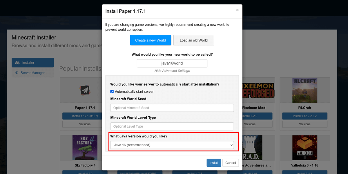Name the world and select JAVA 16 under advanced settings