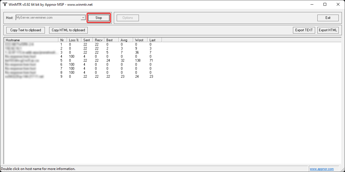 Screenshot showing WinMTR running MTR test