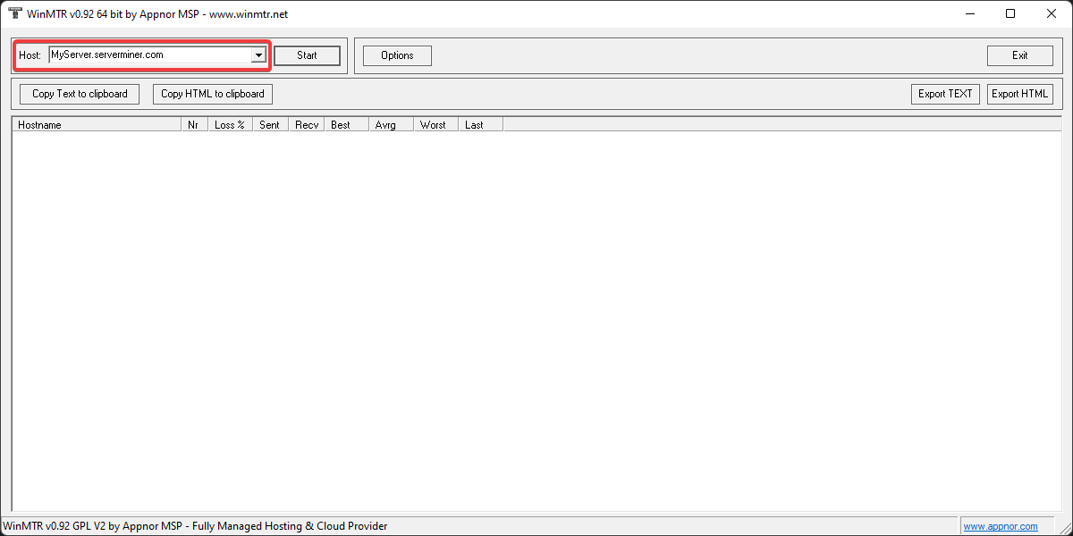 Screenshot showing WinMTR with the Server Address
