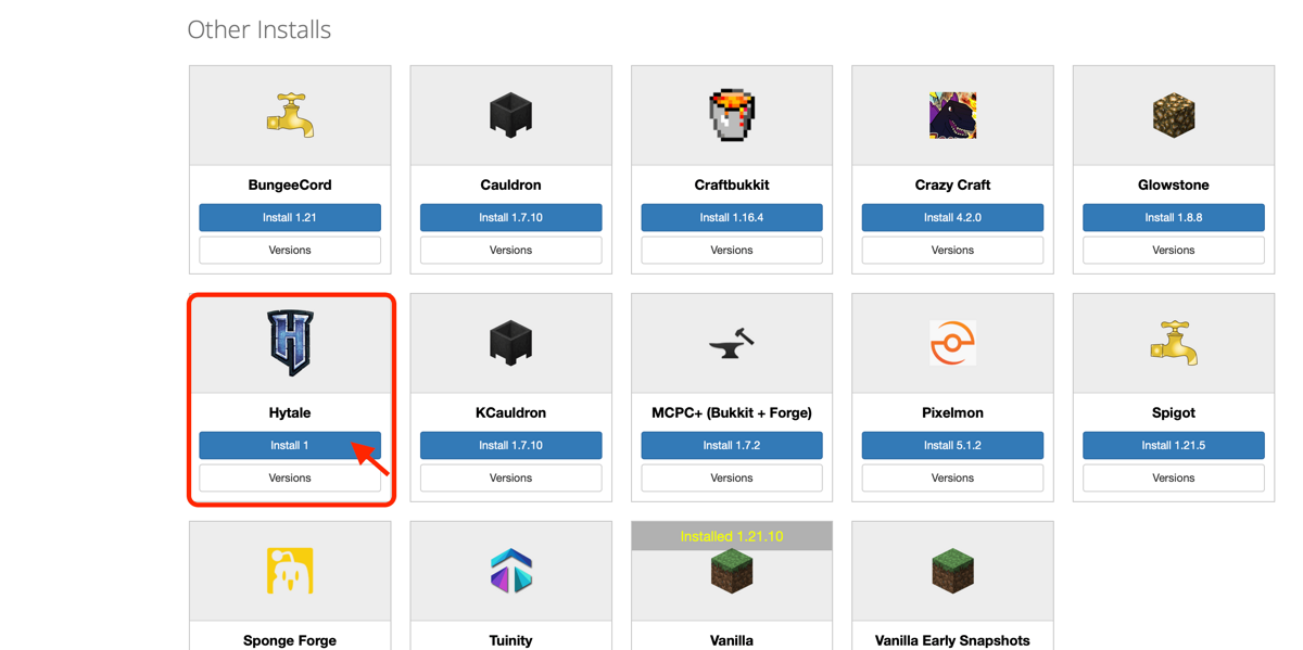 Screenshot showing "Hytale" under "Other Installs" and the "Install" button